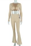 Khaki Fashion Sexy Solid Hollowed Out V Neck Long Sleeve Two Pieces