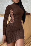Brownness Sexy Solid Hollowed Out Half A Turtleneck Pencil Skirt Dresses