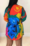 Colour Fashion Casual Print Patchwork Turndown Collar Shirt Dress