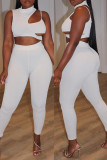 Cream White Fashion Sexy Solid Hollowed Out Patchwork Turtleneck Sleeveless Two Pieces