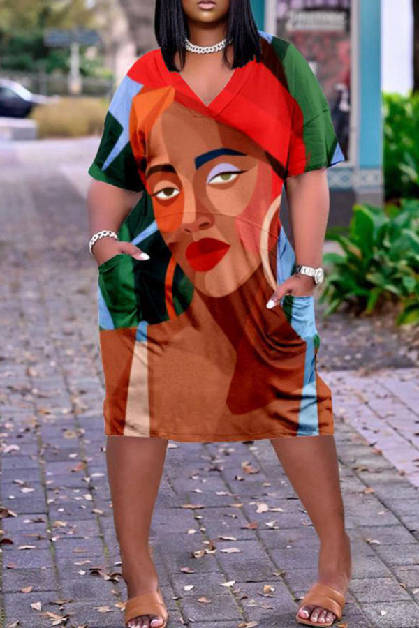 Light Brown Fashion Casual Print Patchwork V Neck Short Sleeve Dress