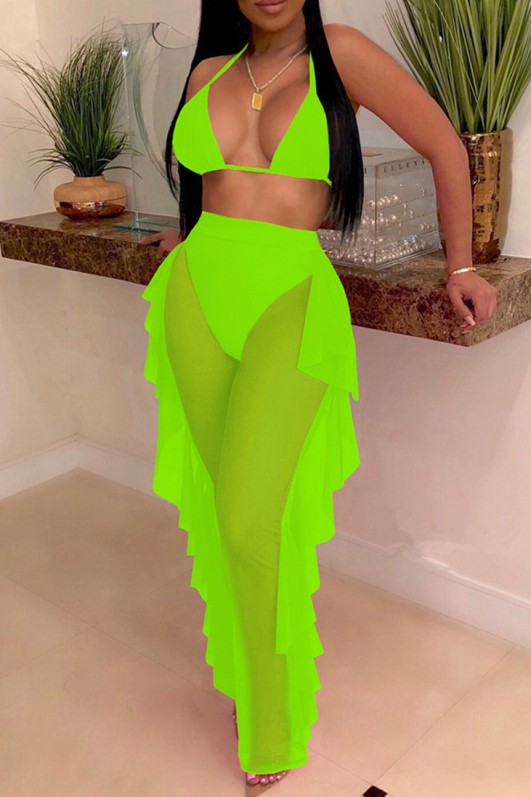 Fluorescent Green Fashion Sexy Patchwork Solid See-through Backless Strap Design Swimwears
