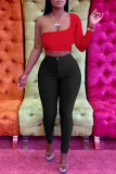 Red Black Sexy Solid Patchwork Oblique Collar Long Sleeve Two Pieces