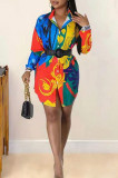 Colour Fashion Casual Print Patchwork Turndown Collar Shirt Dress