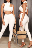 Cream White Fashion Sexy Solid Hollowed Out Patchwork Turtleneck Sleeveless Two Pieces