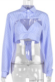 Blue Fashion Sexy Striped Print Bandage Hollowed Out Patchwork Turndown Collar Long Sleeve Two Pieces
