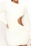 White Fashion Casual Solid Hollowed Out O Neck Long Sleeve Dresses