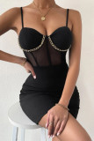 Black Fashion Sexy Solid Patchwork See-through Backless Spaghetti Strap Sleeveless Dress Dresses