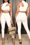Cream White Fashion Sexy Solid Hollowed Out Patchwork Turtleneck Sleeveless Two Pieces