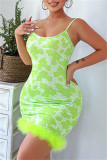 Green Fashion Sexy Print Patchwork Backless Spaghetti Strap Sleeveless Dress