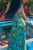 Green Fashion Sexy Print Bandage Backless Spaghetti Strap Long Dress
