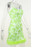 Green Fashion Sexy Print Patchwork Backless Spaghetti Strap Sleeveless Dress