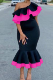 Pink Elegant Solid Patchwork Flounce Oblique Collar Trumpet Mermaid Dresses
