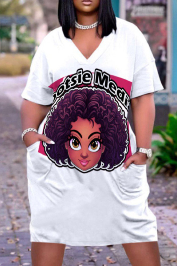 White Purple Fashion Casual Print Patchwork V Neck Short Sleeve Dress