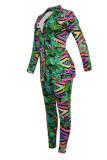 Leopard Print Fashion Casual Print Cardigan Pants Turndown Collar Plus Size Two Pieces