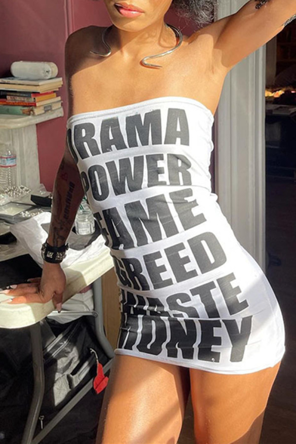 White Fashion Sexy Letter Print Strapless Sleeveless Dress