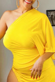 Yellow Fashion Casual Solid Backless Slit Oblique Collar Long Dress
