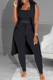 Black Fashion Casual Solid Patchwork Sleeveless Three-piece Set