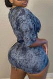 Dark Gray Fashion Casual Print O Neck Short Sleeve Two Pieces