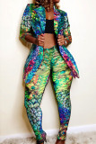 Turquoise Fashion Casual Print Cardigan Pants Turndown Collar Plus Size Two Pieces