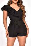 Blue Fashion Casual Solid Patchwork V Neck Regular Romper