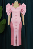 Pink Elegant Solid Patchwork Buttons Slit Square Collar Evening Dress Plus Size Dresses