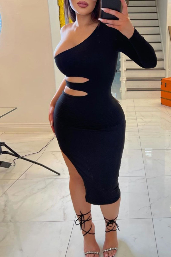Black Fashion Sexy Solid Hollowed Out Backless Slit Oblique Collar Long Sleeve Dresses