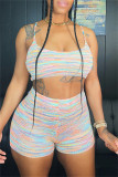 Multicolor Sexy Casual Patchwork Backless Contrast Spaghetti Strap Sleeveless Two Pieces