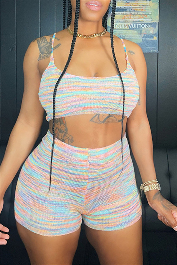 Multicolor Sexy Casual Patchwork Backless Contrast Spaghetti Strap Sleeveless Two Pieces
