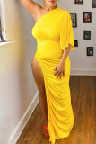 Yellow Fashion Casual Solid Backless Slit Oblique Collar Long Dress