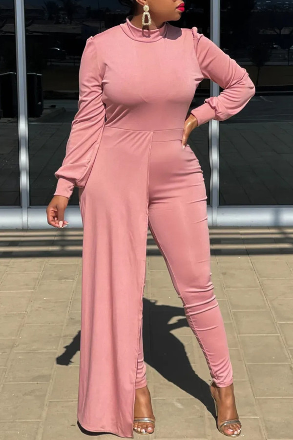 Pink Fashion Casual Solid Patchwork O Neck Regular Jumpsuits