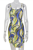 Blue Fashion Sexy Print Patchwork Backless Spaghetti Strap Sleeveless Dress Dresses