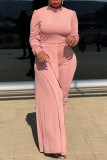 Pink Fashion Casual Solid Patchwork O Neck Regular Jumpsuits
