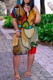 Multicolor Fashion Casual Print Patchwork V Neck Short Sleeve Dress