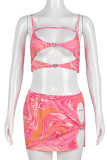 Pink Fashion Sexy Print Hollowed Out Asymmetrical Spaghetti Strap Sleeveless Two Pieces