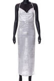 Silver Sexy Solid High Opening Spaghetti Strap Pencil Skirt Dresses