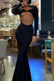 Black Fashion Solid Hollowed Out Halter Trumpet Mermaid Dresses
