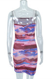 Multicolor Fashion Sexy Print Backless Fold Spaghetti Strap Sleeveless Dress