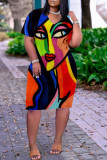 Multicolor Fashion Casual Print Patchwork V Neck Short Sleeve Dress