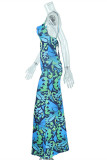 Green Fashion Sexy Print Bandage Backless Spaghetti Strap Long Dress