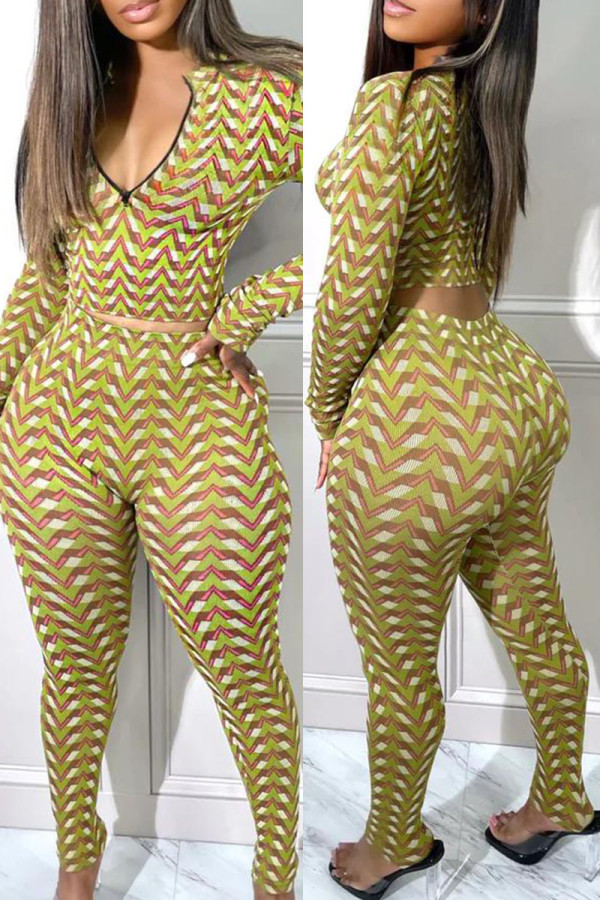 Multicolor Fashion Casual Print Patchwork Zipper Collar Long Sleeve Two Pieces