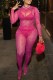 Rose Red Fashion Sexy Geometric See-through O Neck Long Sleeve Two Pieces