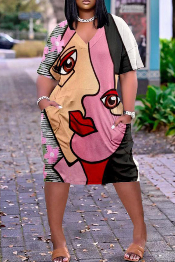 Pink Fashion Casual Print Patchwork V Neck Short Sleeve Dress