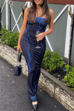 Deep Blue Fashion Sexy Print Backless Slit Strapless Long Dress
