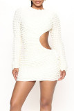 White Fashion Casual Solid Hollowed Out O Neck Long Sleeve Dresses