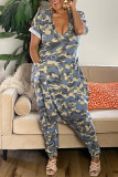 Multicolor Fashion Casual Camouflage Print Patchwork V Neck Harlan Jumpsuits