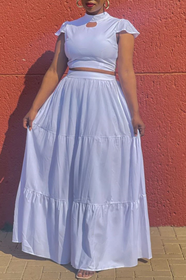 White Fashion Casual Solid Hollowed Out Half A Turtleneck Short Sleeve Two Pieces
