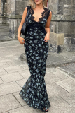 Black Fashion Print Lace V Neck Trumpet Mermaid Dresses
