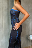 Deep Blue Fashion Sexy Print Backless Slit Strapless Long Dress