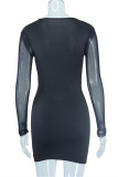 Black Fashion Sexy Solid Hollowed Out Patchwork See-through V Neck Long Sleeve Dresses